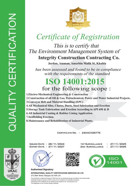 ISO 14001:2015 certificate of registration – Integrity Construction Contracting Co.
