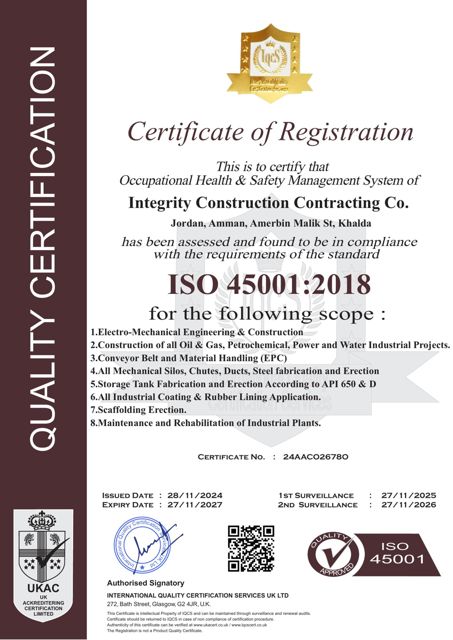 ISO 45001:2018 certificate of registration – Integrity Construction Contracting Co.