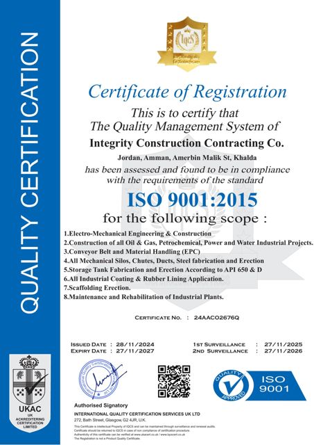 ISO 9001:2015 certificate of registration – Integrity Construction Contracting Co.
