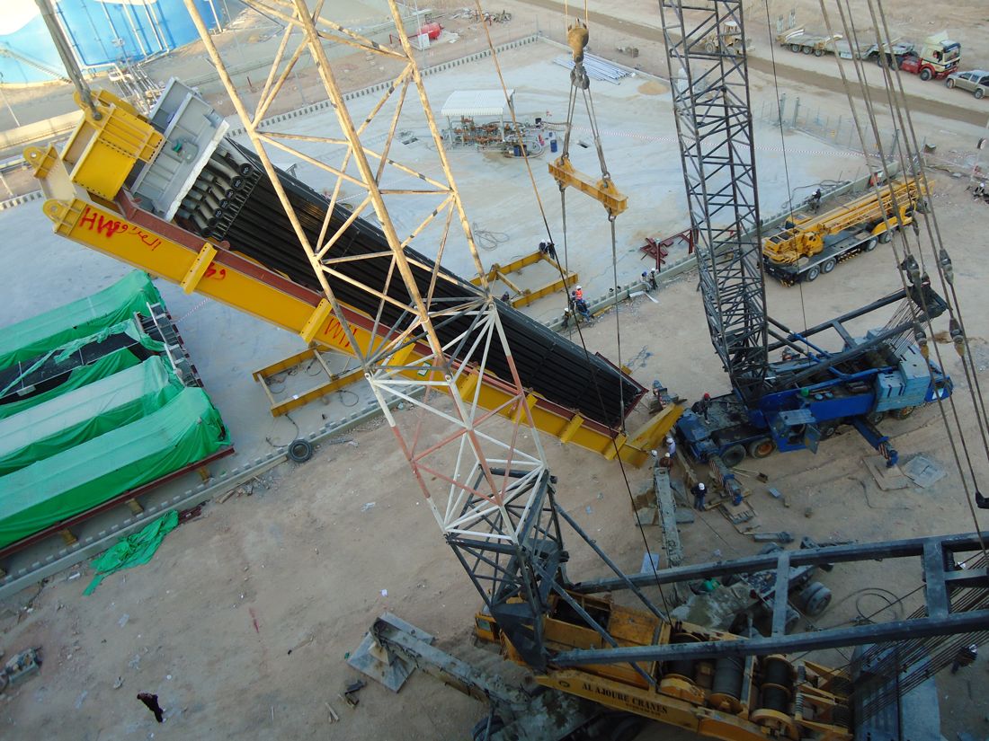 Crawler crane erecting conveyor and stacker structure at IDMI phosphate plant