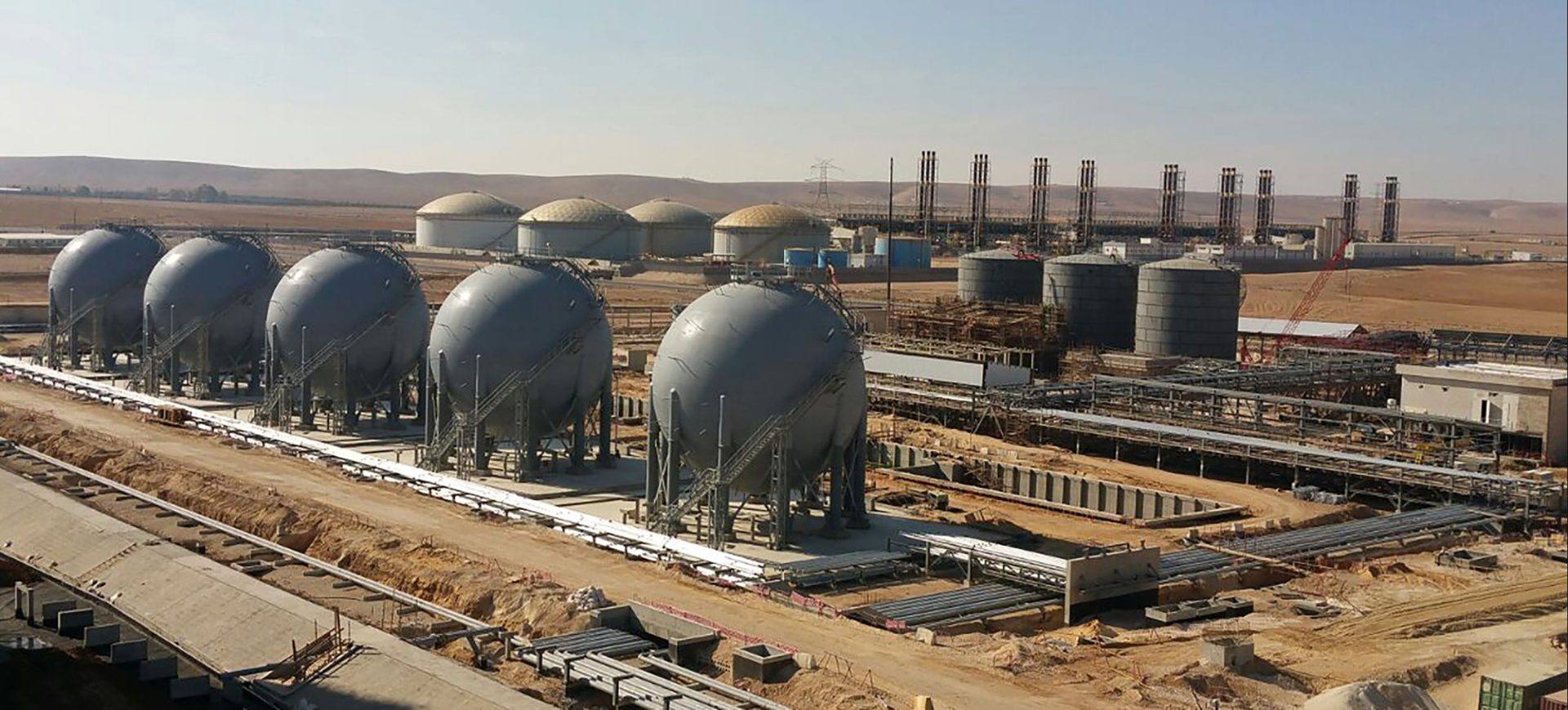 LPG storage spheres, petroleum tanks and power plant stacks in Jordan